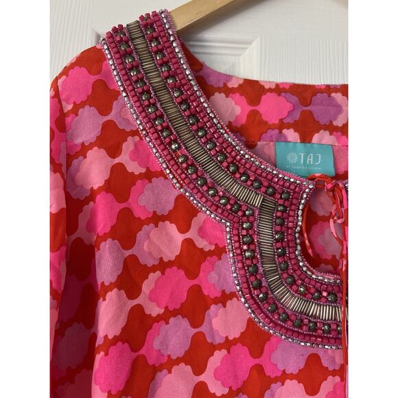 Taj by Sabrina Crippa Beaded Abstract Pink Silk Blouse Top Medium NWOT - Picture 3 of 12